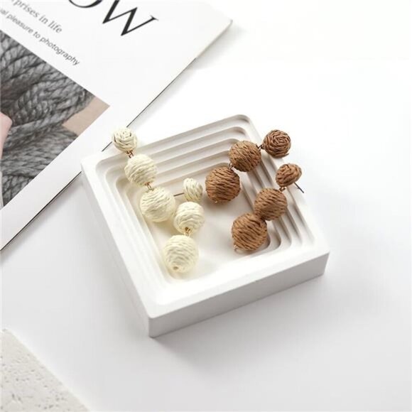 Boho Double Ball Drop Earrings โ Woven Rattan Statement Earrings, Set of 2 pair - Picture 7 of 7